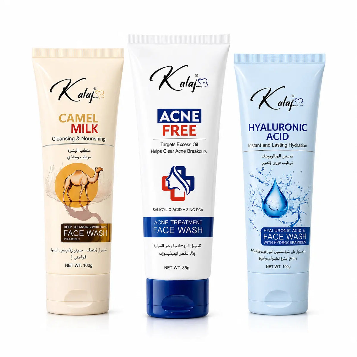 Kalaj Face Wash Bundle — Acne Free + Camel Milk + Hyaluronic Acid (Pack of 3)