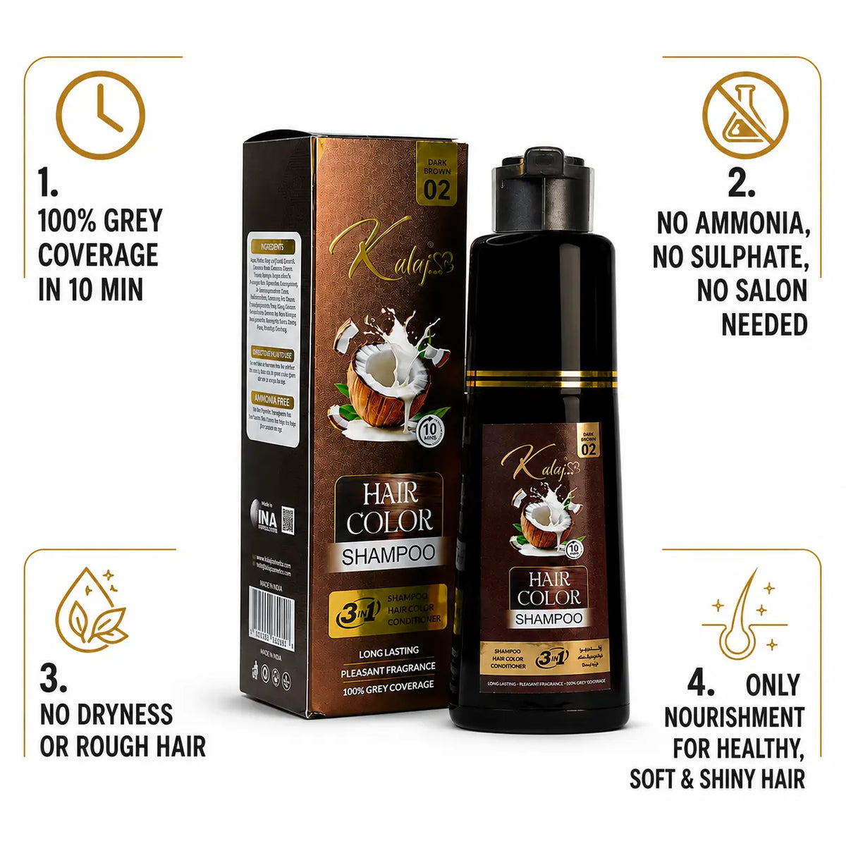 3-in-1 Hair Color Shampoo Instant Results(Get 100% Grey Coverage + Nourishment in 10 min) – (Guaranteed!)-160 ml